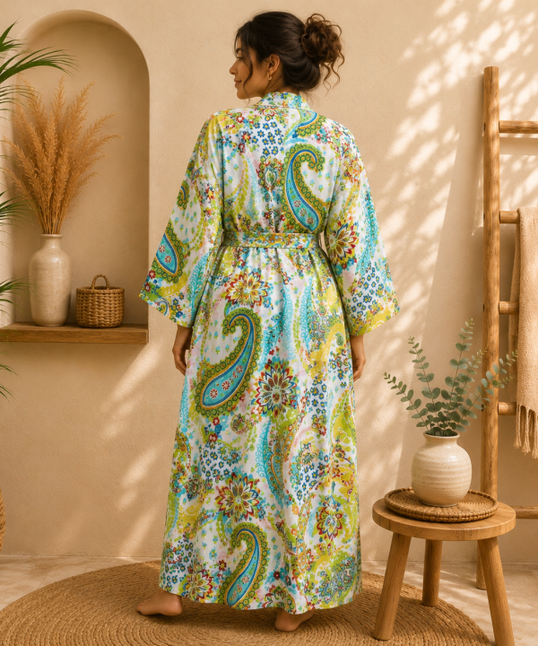 Alternative view of White Green Floral Paisley Long Kimono Robe – Boho Printed Maxi Kimono Jacket for Women