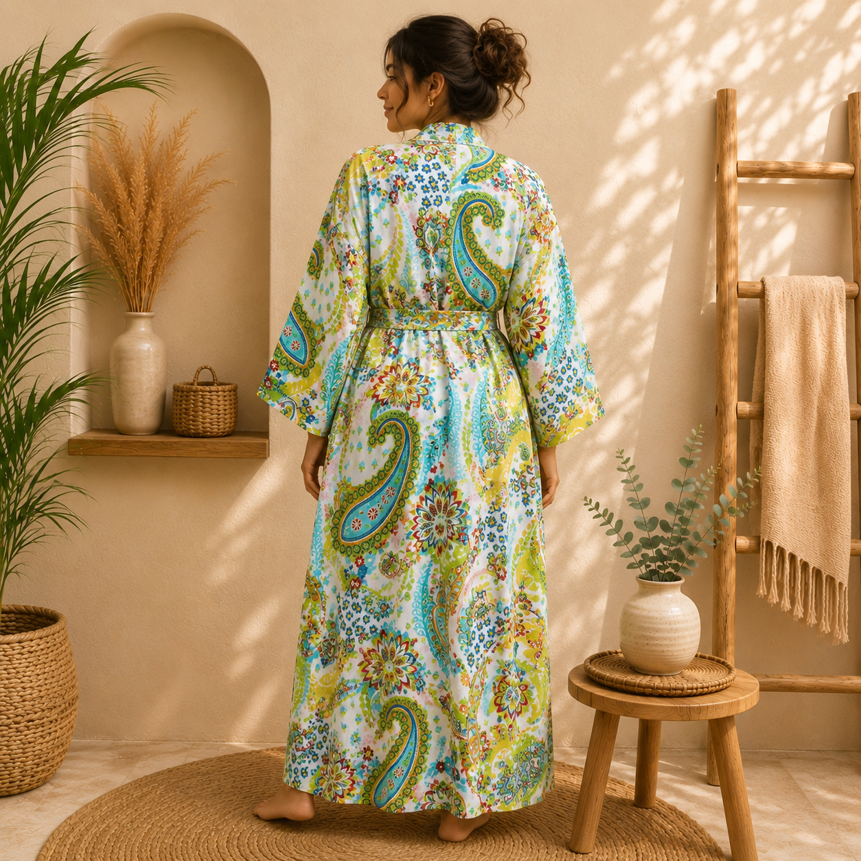 White Green Floral Paisley Long Kimono Robe – Boho Printed Maxi Kimono Jacket for Women - Image 2