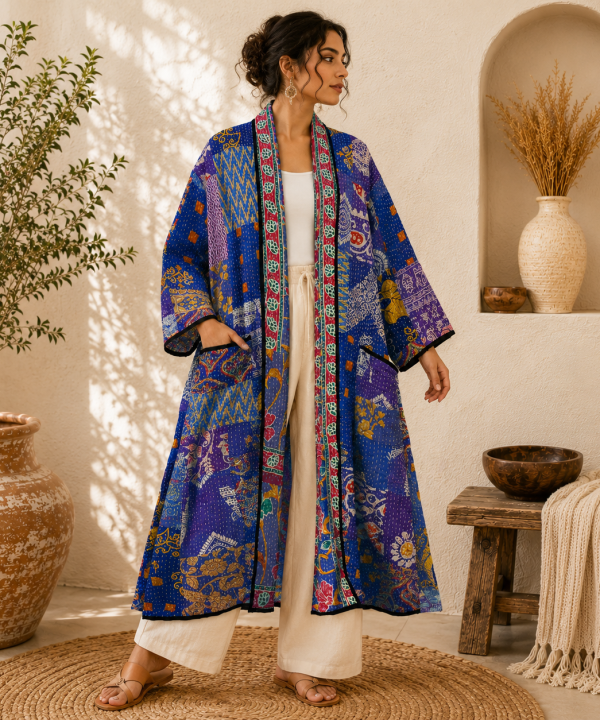 Royal Blue Purple Multicolor Vintage Kantha Long Kimono Robe – Handmade Patchwork Cotton Boho Jacket