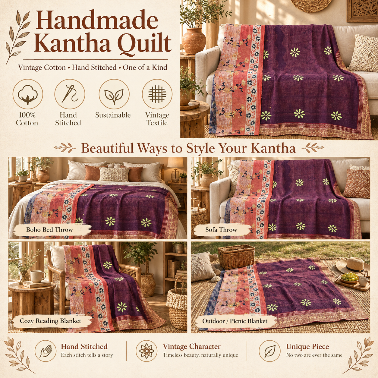Vintage Purple Kantha Quilt 60x90 Inches – Handmade Cotton Boho Bedspread Throw - Image 4