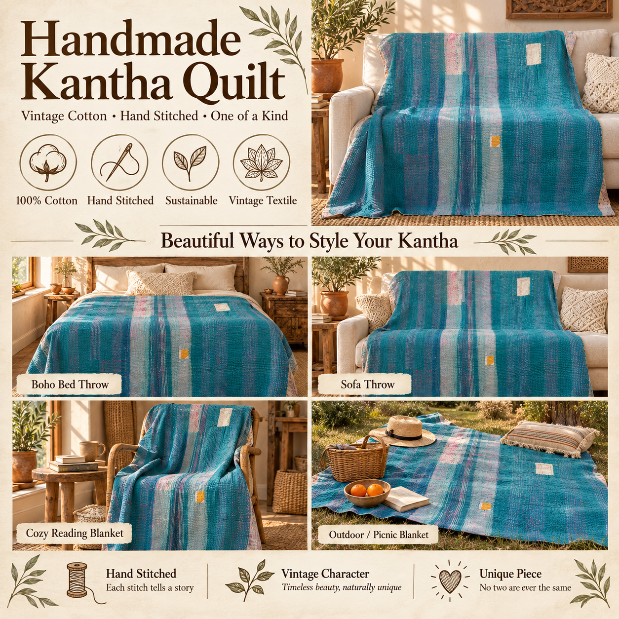 Vintage Teal Blue Kantha Quilt – Hand Stitched Cotton Bedspread Throw 60 x 90 Inches - Image 4