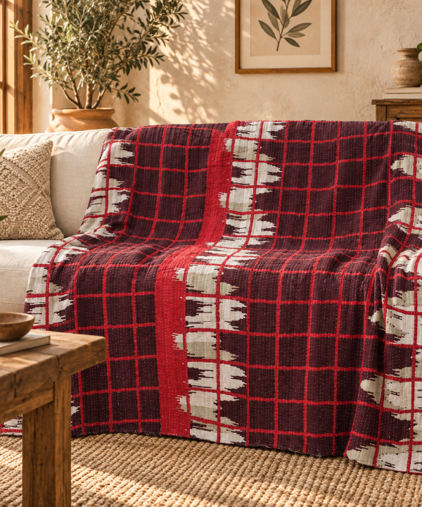 Handmade Vintage Kantha Quilt – Red Black & White Checkered Recycled Cotton Bed Throw, Sofa Blanket, Boho Picnic Quilt
