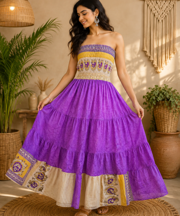 Purple Yellow & Beige Maxi Dress – Strapless Smocked Tiered Boho Printed Summer Dress