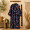 Navy Blue Floral Bird Print Cotton Kimono Robe for Women – Boho Long Maxi Kimono, Free Size Belted Dressing Gown - Image 3