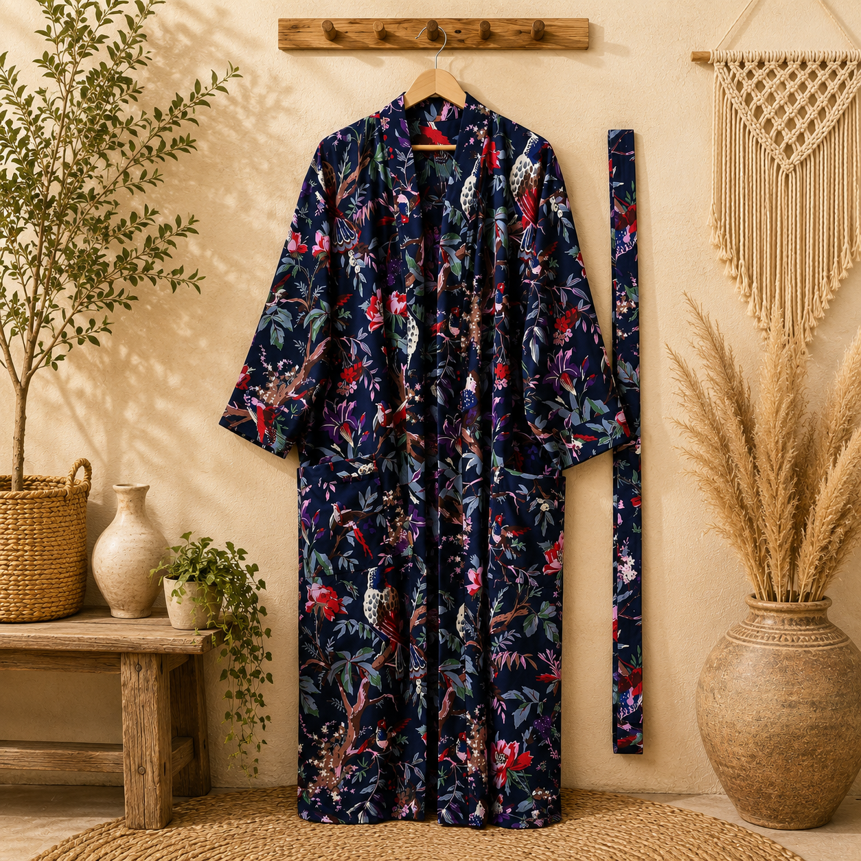 Navy Blue Floral Bird Print Cotton Kimono Robe for Women – Boho Long Maxi Kimono, Free Size Belted Dressing Gown - Image 3