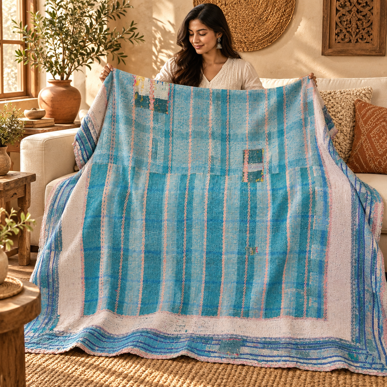 Vintage Blue Kantha Quilt 60x90 Inches – Hand Stitched Cotton Boho Bedspread & Sofa Throw - Image 3