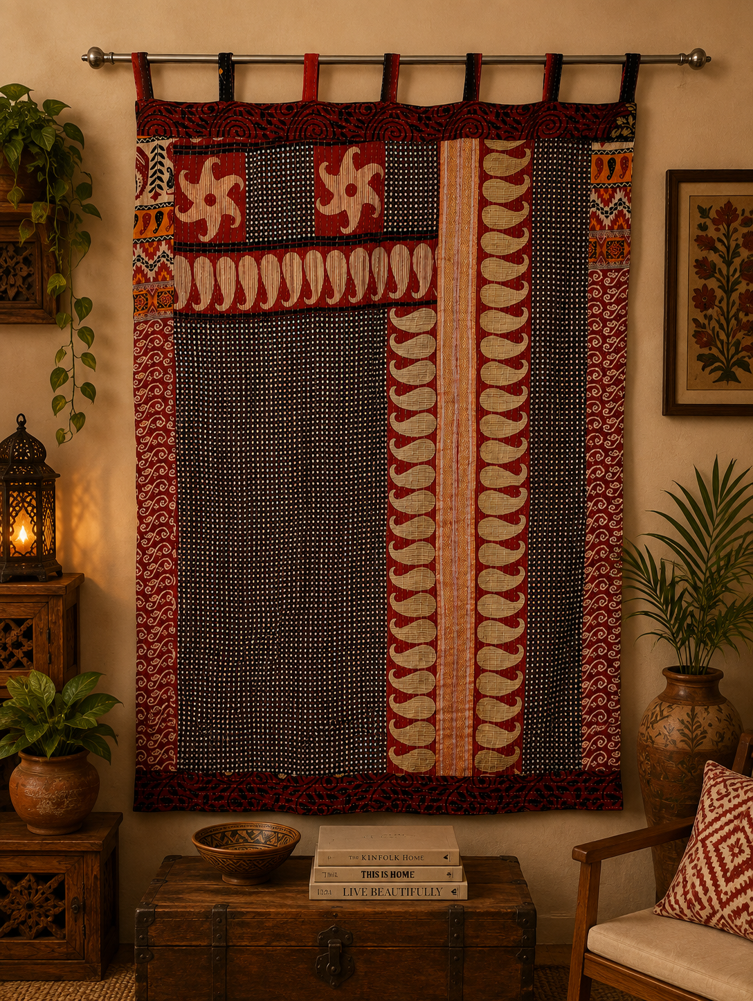 Black Vintage Kantha Curtain – Handmade Cotton Patchwork Boho Indian Window Door Curtain – 1 Pc - Image 6