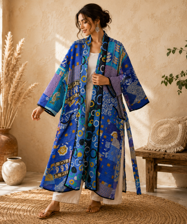 Blue Multicolor Vintage Kantha Long Kimono Robe – Handmade Patchwork Cotton Boho Jacket
