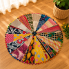 Vintage Kantha Round Floor Cushion Cover – Handmade Patchwork Boho Pouf Cover with Pom Pom Trim