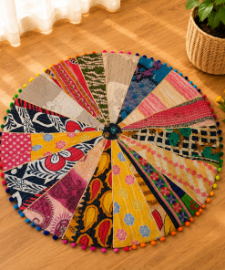 Vintage Kantha Round Floor Cushion Cover – Handmade Patchwork Boho Pouf Cover with Pom Pom Trim