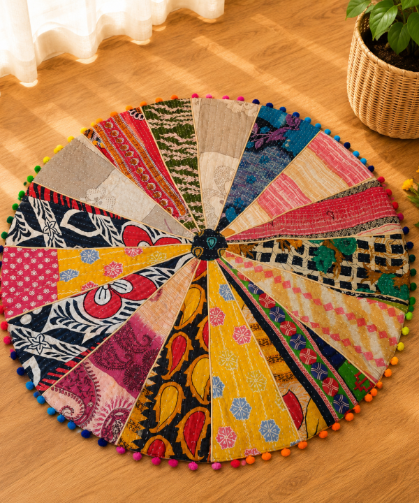 Vintage Kantha Round Floor Cushion Cover – Handmade Patchwork Boho Pouf Cover with Pom Pom Trim