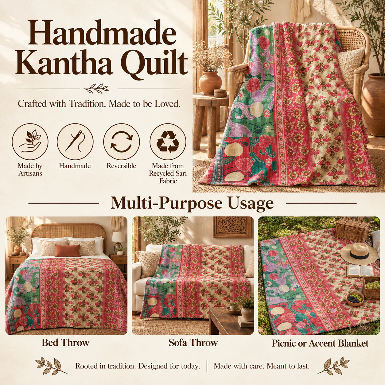 Vintage Handmade Kantha Quilt Pink & Green Floral Recycled Sari Cotton Boho Throw Blanket - Image 4