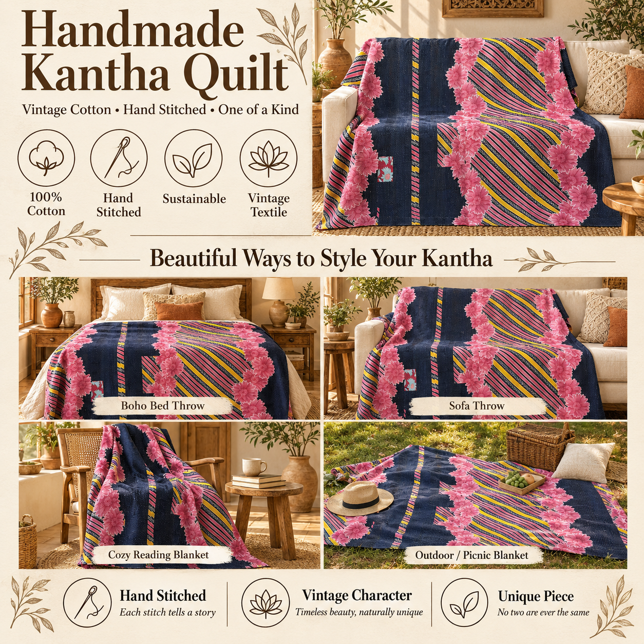 Vintage Navy Blue & Pink Kantha Quilt 60x90 Inches – Handmade Floral Cotton Bedspread Throw - Image 4
