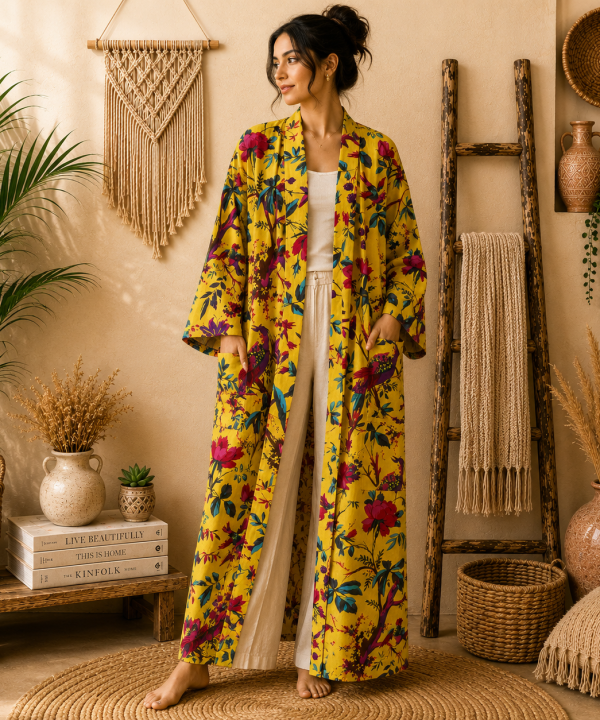 Mustard Yellow Floral Bird Print Cotton Long Kimono Robe for Women – Boho Maxi Kimono, Free Size with Pockets