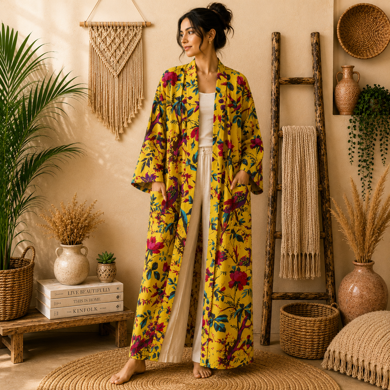 Mustard Yellow Floral Bird Print Cotton Long Kimono Robe for Women – Boho Maxi Kimono, Free Size with Pockets