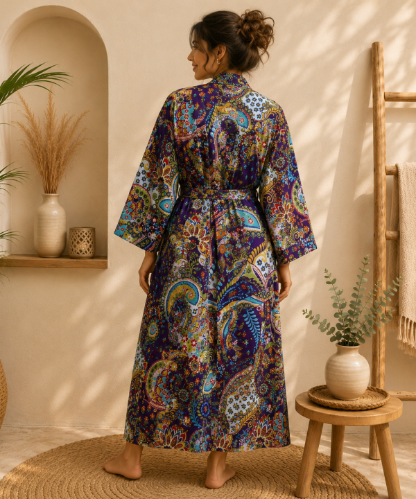 Alternative view of Purple Multicolor Floral Paisley Long Kimono Robe – Boho Printed Maxi Kimono Jacket for Women