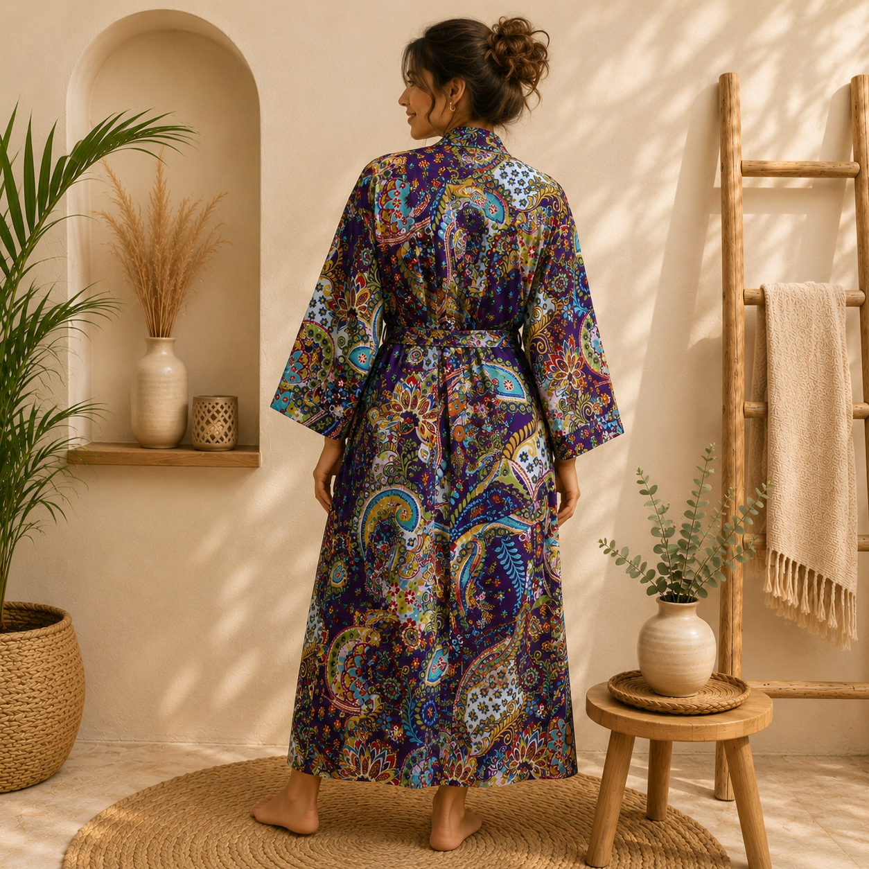 Purple Multicolor Floral Paisley Long Kimono Robe – Boho Printed Maxi Kimono Jacket for Women - Image 2