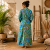 Turquoise Blue Paisley Print Cotton Long Kimono Robe for Women – Boho Maxi Kimono, Free Size Belted Robe with Pockets - Image 2