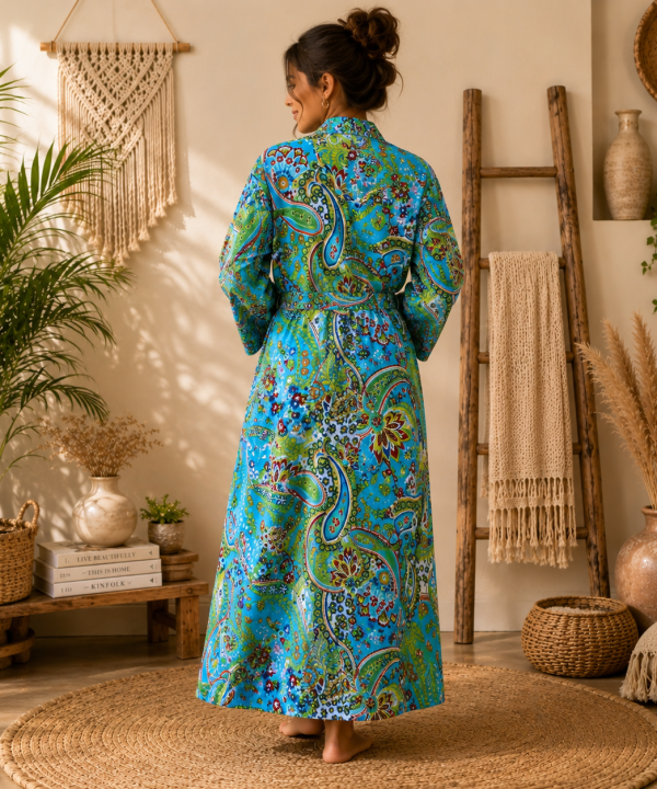 Alternative view of Turquoise Blue Paisley Print Cotton Long Kimono Robe for Women – Boho Maxi Kimono, Free Size Belted Robe with Pockets