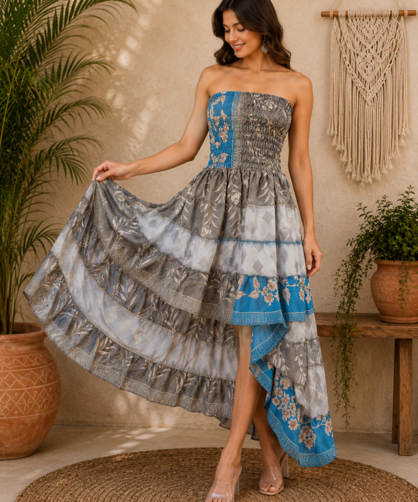 Grey Blue Patchwork Maxi Dress – Strapless Smocked Tiered High Low Boho Summer Dress