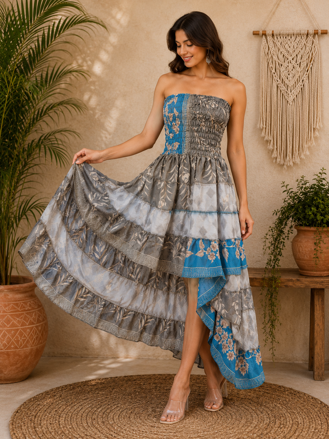 Grey Blue Patchwork Maxi Dress – Strapless Smocked Tiered High Low Boho Summer Dress