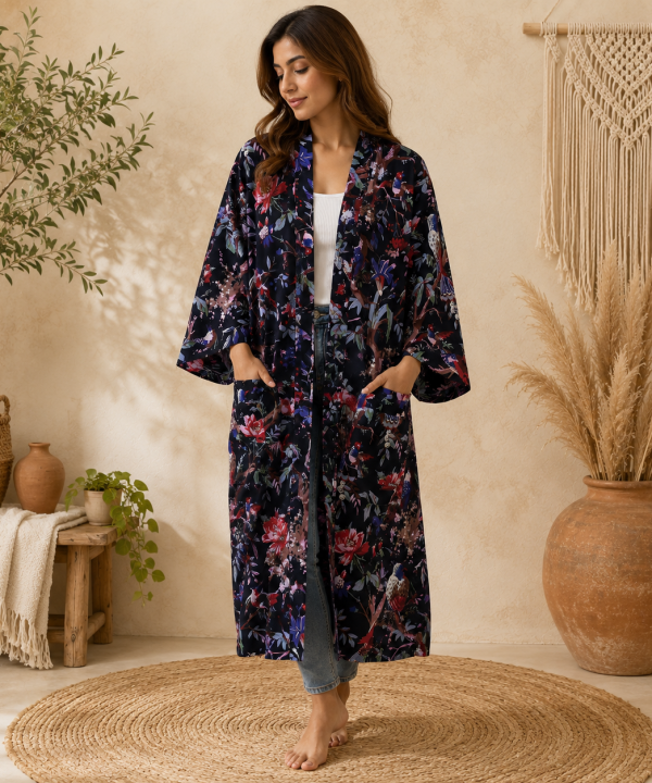 Black Floral Bird Print Cotton Long Kimono Robe for Women – Boho Maxi Kimono Jacket, Free Size Open Front Cover Up