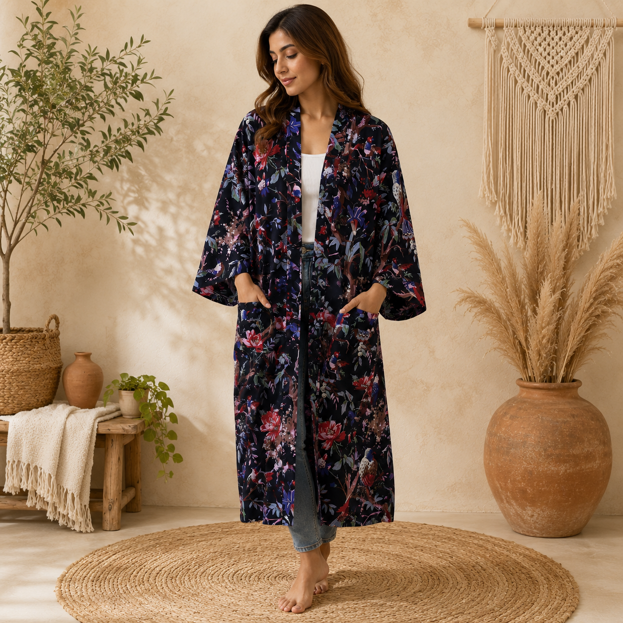 Black Floral Bird Print Cotton Long Kimono Robe for Women – Boho Maxi Kimono Jacket, Free Size Open Front Cover Up