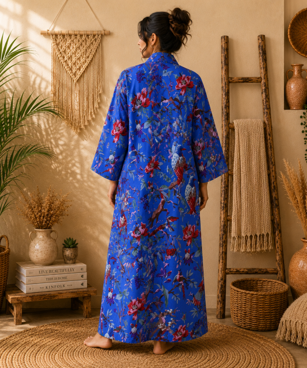 Alternative view of Royal Blue Floral Bird Print Cotton Long Kimono Robe for Women – Boho Maxi Kimono, Free Size with Pockets