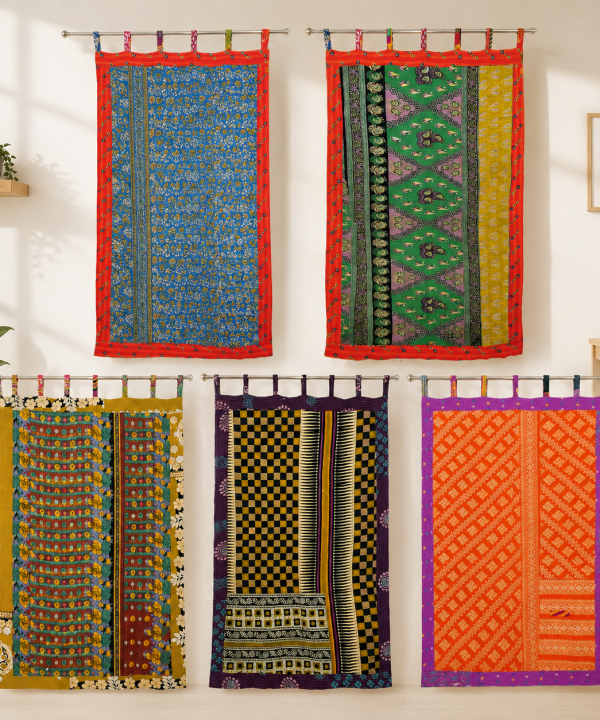 Alternative view of Vintage Kantha Patchwork Curtain 1 Pc – Multicolor Cotton Sari Window Panel Boho Tab Top Curtain