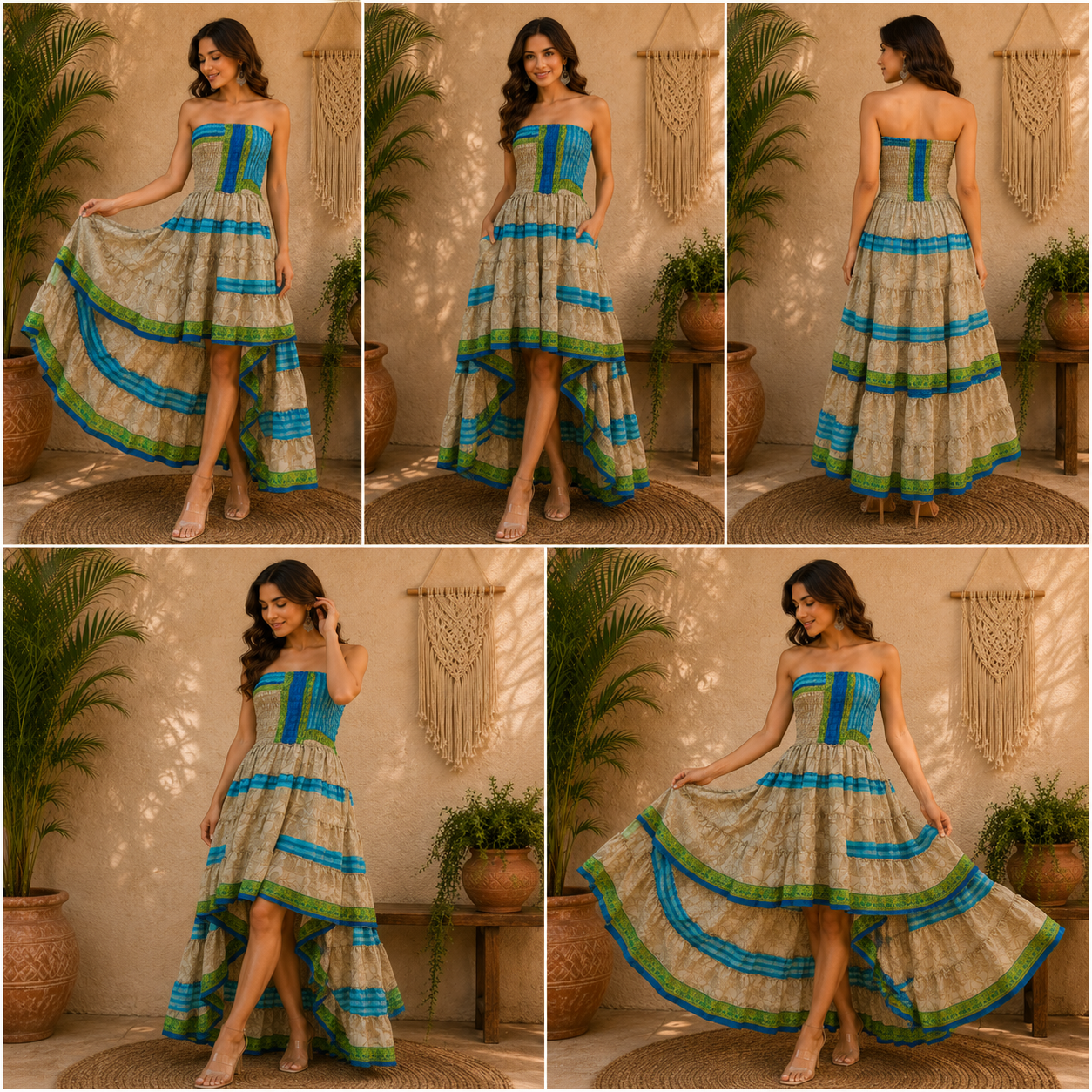 Beige Blue Green Patchwork Maxi Dress – Strapless Smocked Tiered High Low Boho Summer Dress - Image 6