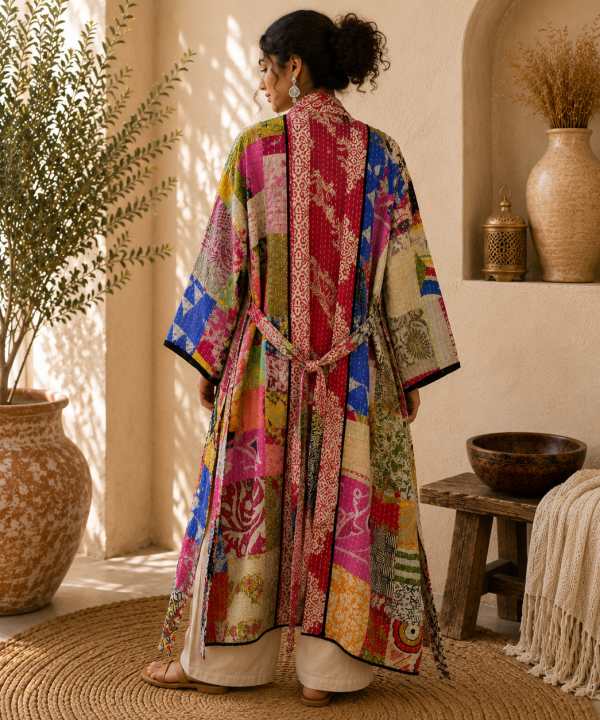 Alternative view of Multicolor Vintage Kantha Long Kimono Robe – Handmade Patchwork Cotton Boho Jacket