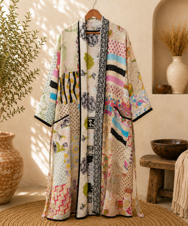 Alternative view of Ivory Cream Multicolor Vintage Kantha Long Kimono Robe – Handmade Patchwork Cotton Boho Jacket