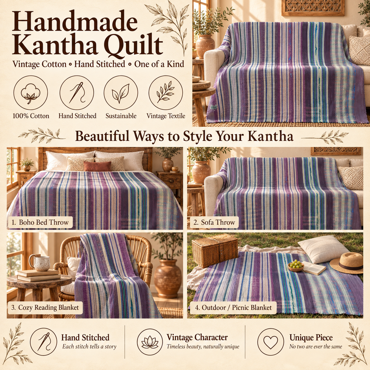 Vintage Kantha Quilt 60x90 Inches – Purple Blue Green Striped Handmade Cotton Bedspread Throw - Image 4