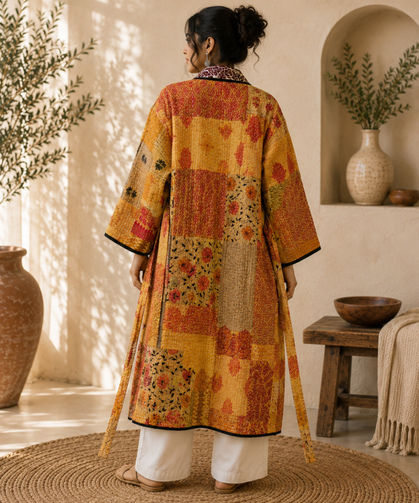 Alternative view of Mustard Orange Multicolor Vintage Kantha Long Kimono Robe – Handmade Patchwork Cotton Boho Jacket