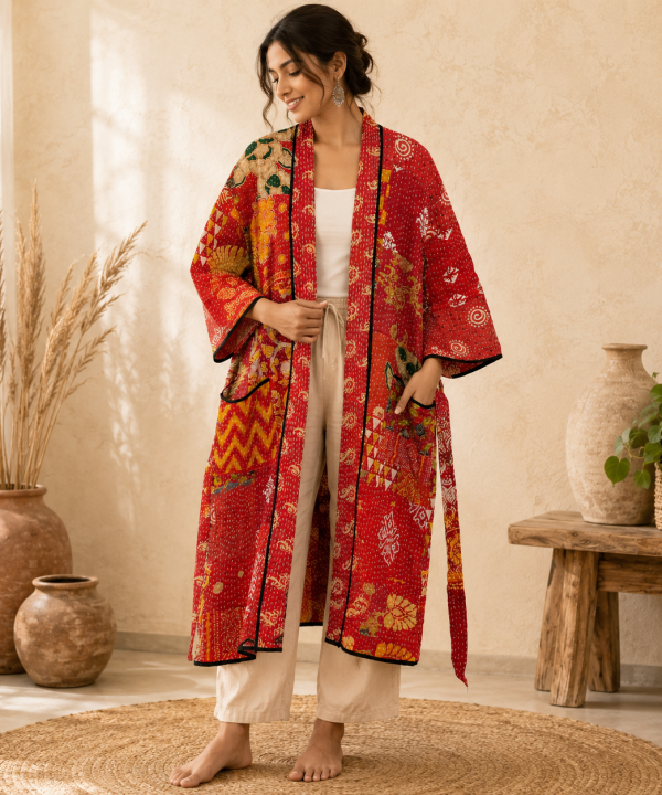 Red Multicolor Vintage Kantha Long Kimono Robe – Handmade Patchwork Cotton Jacket