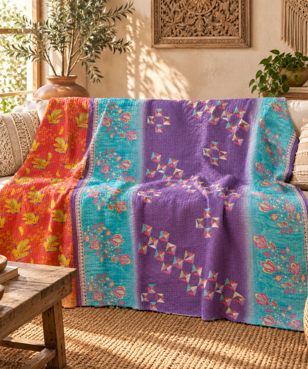 Vintage Handmade Kantha Quilt – Purple Turquoise Orange Recycled Sari Cotton Bedspread, Boho Indian Throw