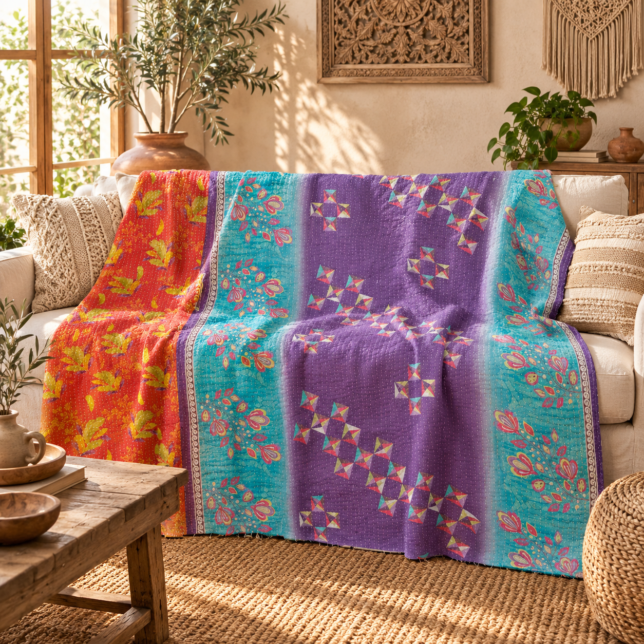 Vintage Handmade Kantha Quilt – Purple Turquoise Orange Recycled Sari Cotton Bedspread, Boho Indian Throw