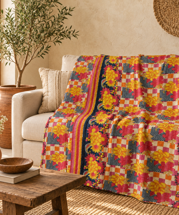 Vintage Kantha Quilt Handmade Recycled Sari Throw – Multicolor Floral Patchwork Bedspread