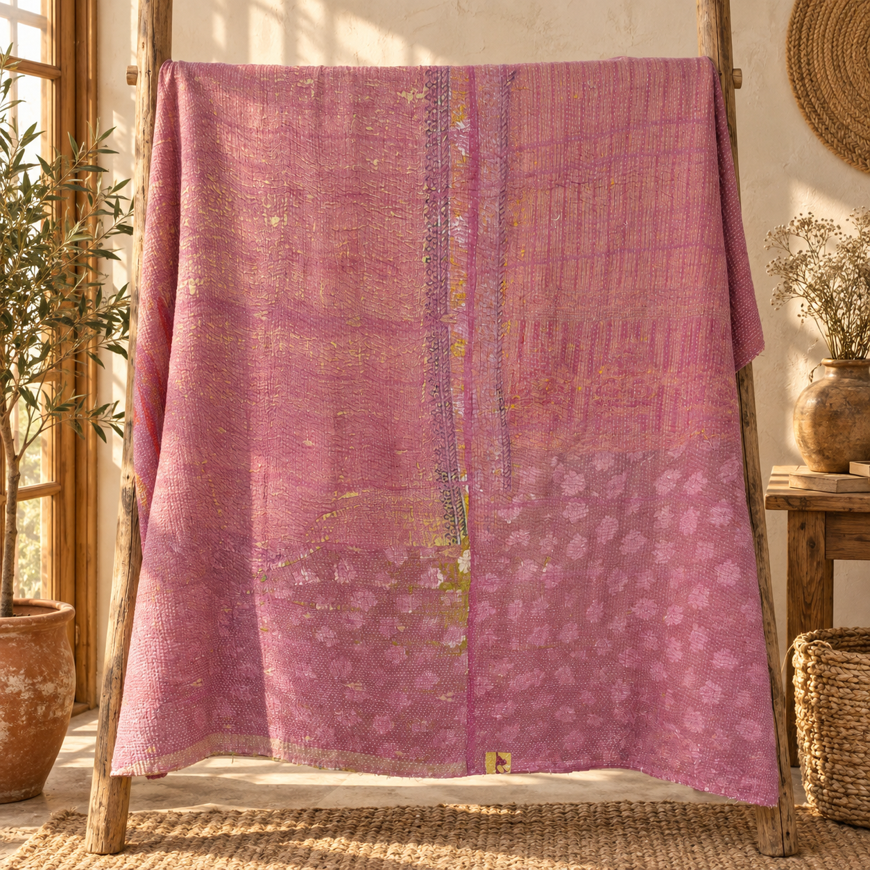Vintage Pink & Yellow Floral Kantha Quilt – Hand Stitched Cotton Indian Throw 60 x 90 Inches - Image 5