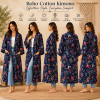 Navy Blue Floral Bird Print Cotton Kimono Robe for Women – Boho Long Maxi Kimono, Free Size Belted Dressing Gown - Image 5