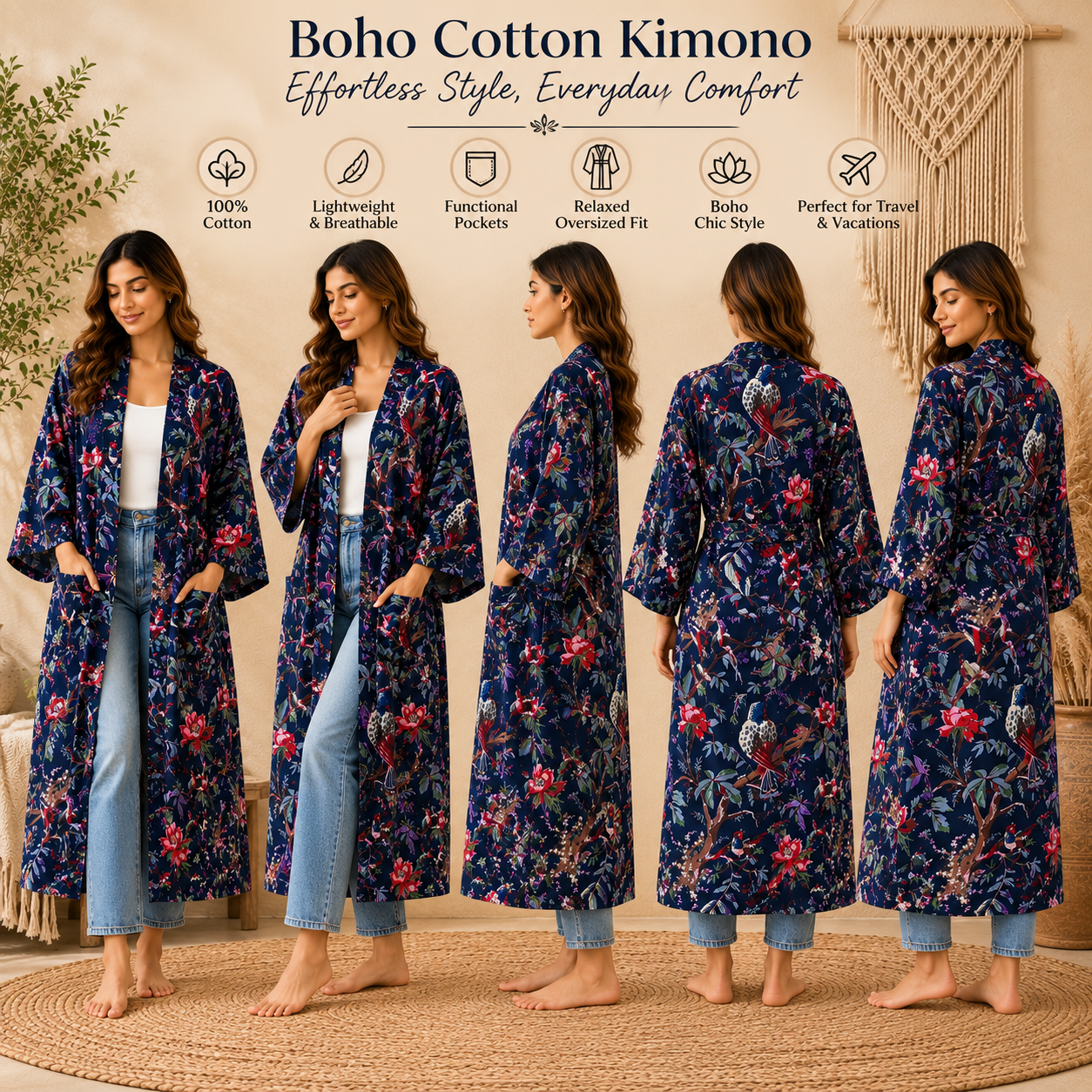 Navy Blue Floral Bird Print Cotton Kimono Robe for Women – Boho Long Maxi Kimono, Free Size Belted Dressing Gown - Image 5