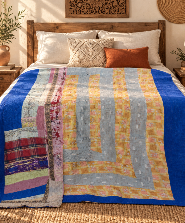 Alternative view of Vintage Kantha Quilt Blue Grey Mustard Cotton Throw – Handmade Indian Bedspread 60 x 90 Inches