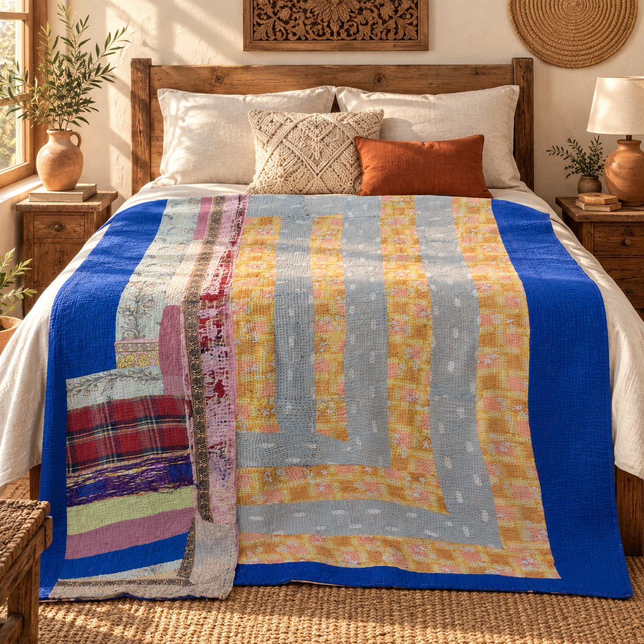 Vintage Kantha Quilt Blue Grey Mustard Cotton Throw – Handmade Indian Bedspread 60 x 90 Inches - Image 2