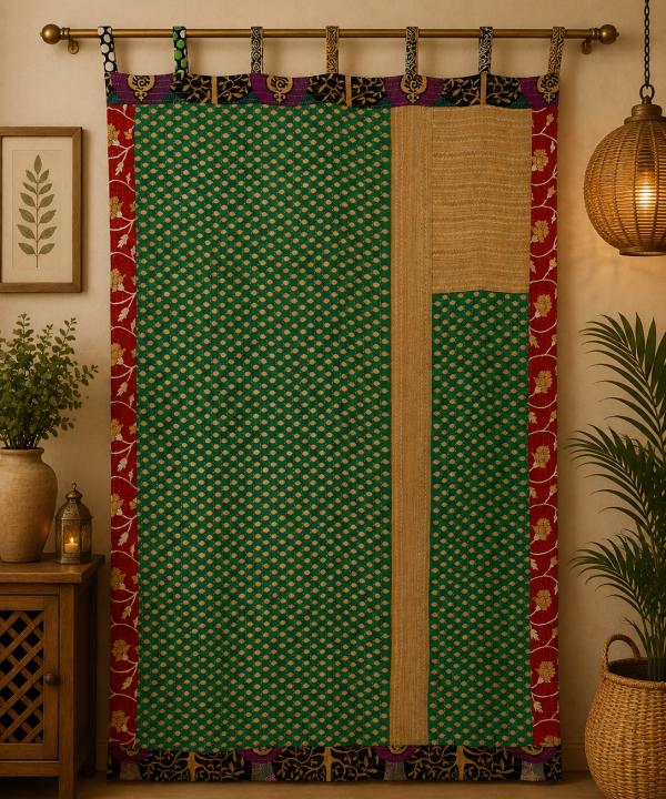 Alternative view of Green Vintage Kantha Curtain – Handmade Cotton Patchwork Boho Indian Window Door Curtain – 1 Pc