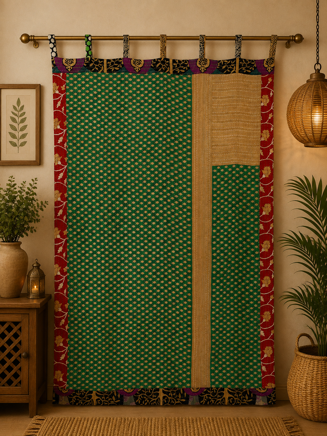 Green Vintage Kantha Curtain – Handmade Cotton Patchwork Boho Indian Window Door Curtain – 1 Pc - Image 2