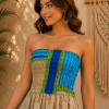 Beige Blue Green Patchwork Maxi Dress – Strapless Smocked Tiered High Low Boho Summer Dress - Image 3
