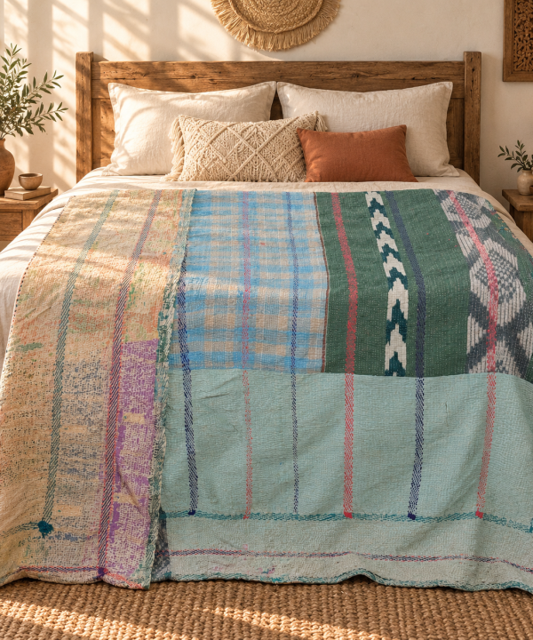 Alternative view of Vintage Multicolor Kantha Quilt – Blue Green Hand Stitched Cotton Throw 60 x 90 Inches