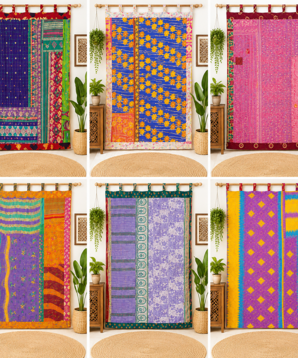 Purple Vintage Kantha Curtain – Handmade Cotton Patchwork Boho Indian Window Door Curtain – 1 Pc