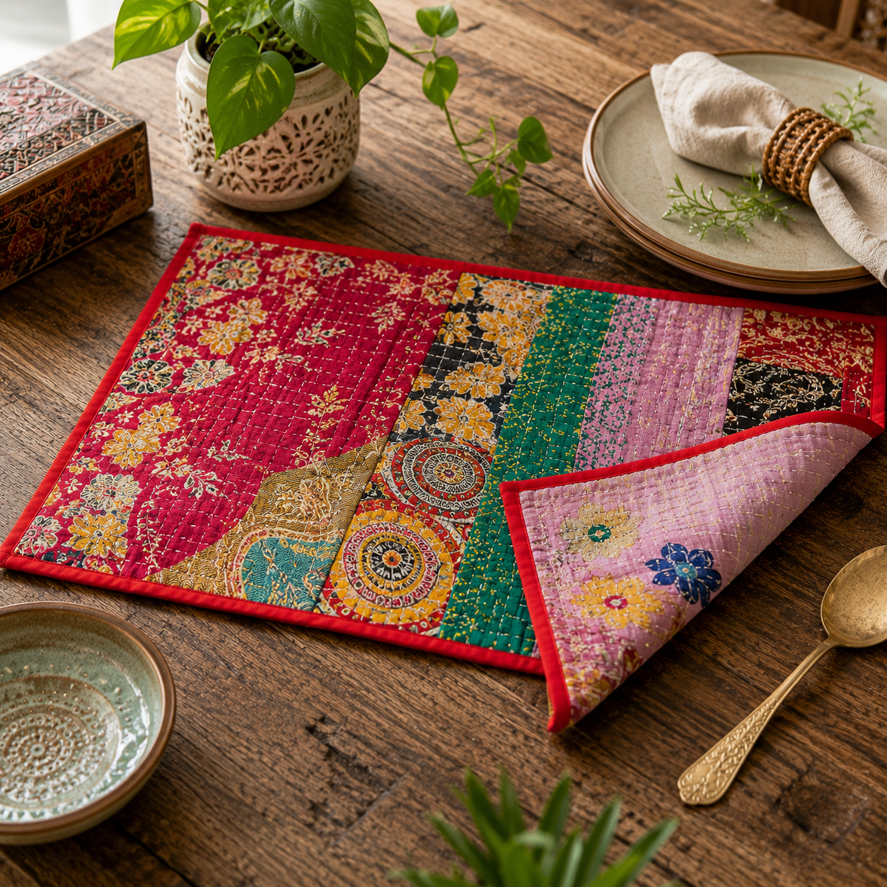 5 Pcs Vintage Kantha Quilted Placemats 13x18 Inches – Recycled Cotton Patchwork Table Mats, Handmade Boho Dining Decor - Image 3