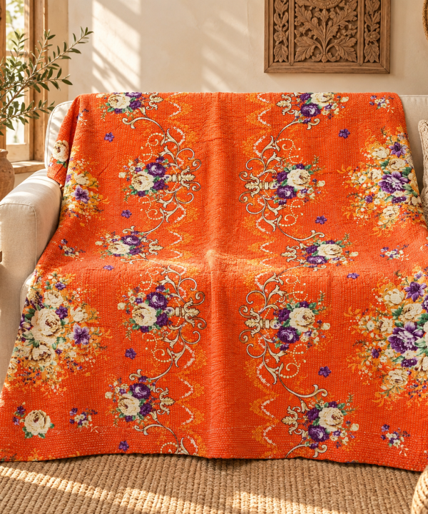 Vintage Kantha Quilt 60x90 Inches – Orange Floral Handmade Cotton Indian Bedspread Throw